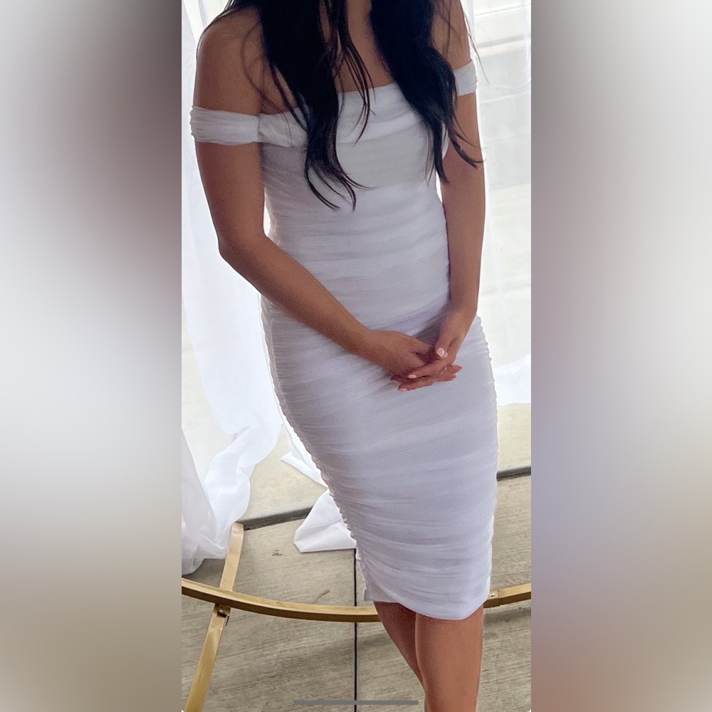 Women’s Ruched Mesh white off shoulder dress | Bridal | Bachelorette